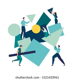 vector illustration flat people. A team of people assemble an abstract geometric puzzle. characters collect geometric shapes vector