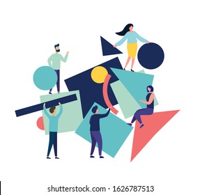 Vector illustration of flat people. Team of people collect abstract geometric puzzle. symbols collect geometric shapes. Flat style modern design vector illustration for web page, flyer, poster