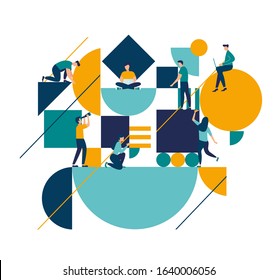 vector illustration flat people. A team of people assemble an abstract geometric puzzle. characters collect geometric shapes vector