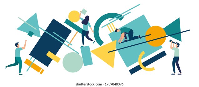 vector illustration flat people. A team of people assemble an abstract geometric puzzle. characters collect geometric shapes