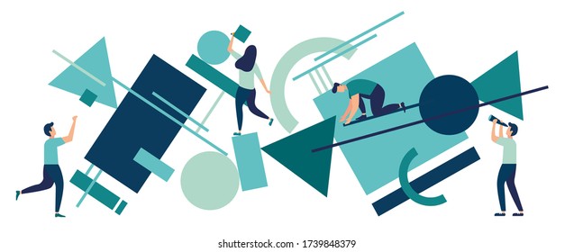 vector illustration flat people. A team of people assemble an abstract geometric puzzle. characters collect geometric shapes