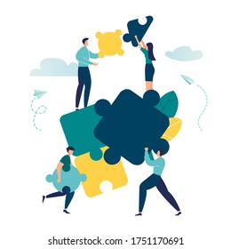 vector illustration of flat people. A team of people assemble an abstract geometric puzzle. characters collect puzzles of different shapes vector