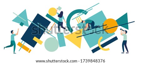 vector illustration flat people. A team of people assemble an abstract geometric puzzle. characters collect geometric shapes