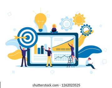 Vector Illustration Of Flat People Are Thinking Over An Idea, Prepare A Business Project Start Up. Business Data Analysis And Teamwork Concept. Best Web Analytics, Effective Keyword Targeting Tools