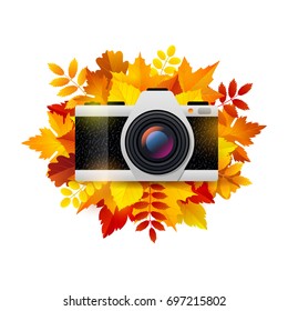 Vector illustration, flat photo camera and autumn leaves. 