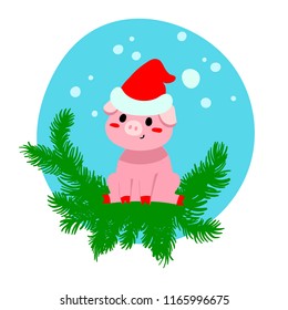 Vector illustration, flat pig, the sign of New Year 2019. Can be used for funny greeting cards, promo banners, t-shirt prints.