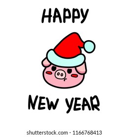 Vector illustration, flat pig, the sign of New Year 2019, and hand drawn lettering "Happy New Year". Can be used for funny greeting cards, promo banners, t-shirt prints.
