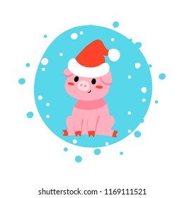 Vector illustration, flat pig, the sign of New Year 2019. Can be used for funny greeting cards, promo banners, t-shirt prints.