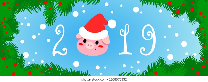 Vector illustration, flat pig, the sign of New Year 2019, and hand drawn lettering 2019 on a cozy winter background. Can be used for funny greeting cards, promo banners, t-shirt prints.