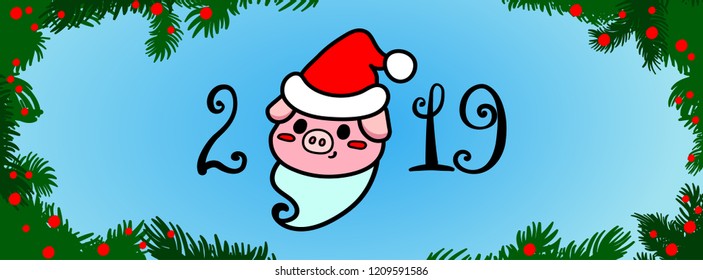 Vector illustration, flat pig, the sign of New Year 2019, and hand drawn lettering 2019 on a cozy winter background. Can be used for funny greeting cards, promo banners, t-shirt prints.