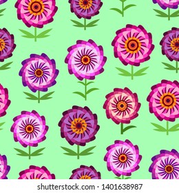 vector illustration with flat pink,red and violet flowers on bright green background.decorative seamless pattern with garden plants