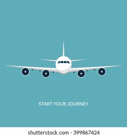 Vector illustration. Flat plane.  Airplane. Flight. Start your journey.