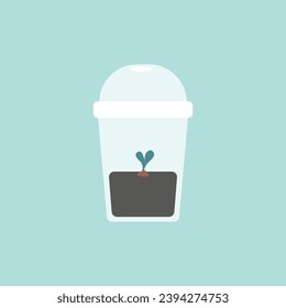 Vector illustration with flat plastic warm greenery for small plant sprout growing from seed. Cozy hobby is care about environment. Concept with new leaves is in transparent cup. Green background