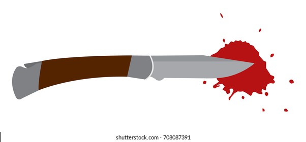 Vector illustration of flat pocket knife with wooden handle and with blood isolated on the white background