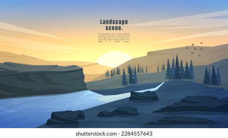 Vector illustration. Flat polygonal landscape. Clear sky background. Mountain river by forest trees and rocks. Graphic modern wallpaper. Abstract art. Design element for web banner, website template