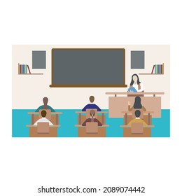 vector illustration of flat presentation or promotion in the room. flat learning in the classroom with students.