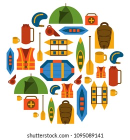 Vector illustration with flat rafting background. Water extreme sport equipment. Vector flat boats, cloth, tent, canoe icon, kayak. Outdoor summer tourism. Rafting flat vector background