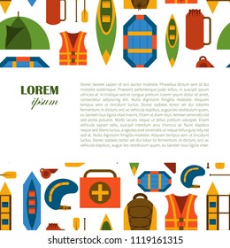 Vector illustration with flat rafting background. Water extreme sport equipment. Vector flat boats, cloth, tent, canoe icon, kayak. Outdoor summer tourism. Rafting flat vector background