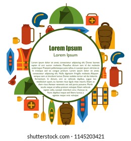 Vector illustration with flat rafting background. Water extreme sport equipment. Vector flat boats, cloth, tent, canoe icon, kayak. Outdoor summer tourism. Rafting flat vector background