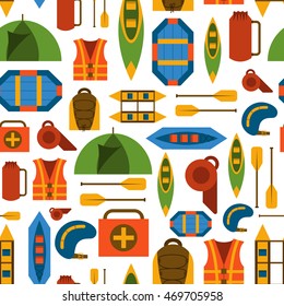 Vector illustration with flat rafting background. Water extreme sport equipment. Vector flat boats, cloth, tent, canoe icon, kayak. Outdoor summer tourism. Rafting flat vector background