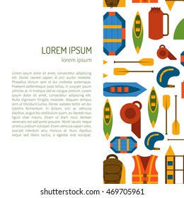 Vector illustration with flat rafting background. Water extreme sport equipment. Vector flat boats, cloth, tent, canoe icon, kayak. Outdoor summer tourism. Rafting flat vector background