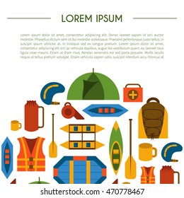 Vector illustration with flat rafting background. Water extreme sport equipment. Vector flat boats, cloth, tent, canoe icon, kayak. Outdoor summer tourism. Rafting flat vector background