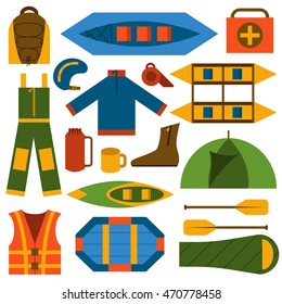 Vector illustration with flat rafting icons. Water extreme sport equipment. Vector flat boats, cloth, tent, canoe icon, kayak. Outdoor summer tourism. Rafting flat vector icons