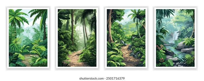 Vector illustration. Flat rainforest landscape with misty backgrounds, dense foliage, and towering trees. Clear sky, vibrant colors, and abundant greenery. Design elements for posters, book covers