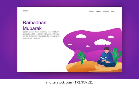 Vector Illustration der flachen ramadhan Kareem Vektor. eine Person, die lernt, den Koran in der Wüste zu lesen. geeignet für Website, Benutzeroberfläche