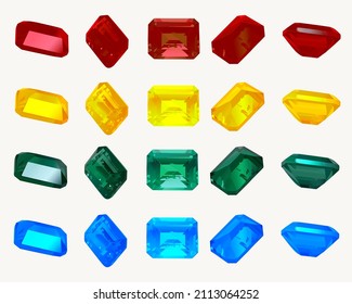 Vector illustration in flat realism style on the theme of jewelry, precious and semi-precious stones: emerald, ruby, citrine, topaz, aquamarine, garnet, heliodor, tsavorite, tanzanite, tourmaline svg
