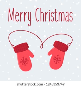 Vector illustration of flat red mittens with snowflake. Happy new year and merry Christmas card. winter snow