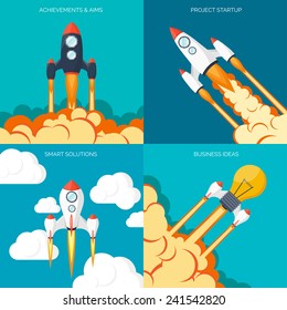 Vector illustration. Flat rocket. Concept background. Project startup. Smart solutions. Achievements and aims. Business ideas.