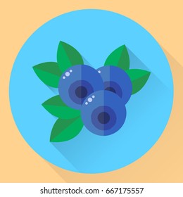 vector illustration, flat round icon blueberries, bilberry, blue forest berries with green leaves