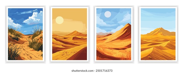 Vector illustration. Flat sand dunes landscape. Desert backgrounds. Arid terrain. Clear blue sky. Design elements for poster, book cover, brochure, magazine, flyer, booklet.