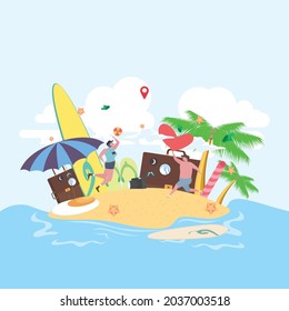 Vektorgrafik von sommerlichem sommerlichem Hintergrund im Stil eines Flachseestrandes. Sonniger Tag. Bälle, Sonnenschirme und andere Ferienausrüstung am Sandstrand. Sommerurlaubskonzept