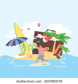 Ilustración vectorial del fondo veraniego del estilo de la playa de mar plana. Día soleado. En la playa de arena hay tumbonas, sombrillas y otros equipamientos de ocio. Concepto de vacaciones de verano