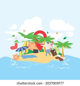 Vector illustration of flat sea beach style summer background. Sunny day. Balls, beach umbrellas and other holiday equipment on the sand beach. Summer vacation concept
