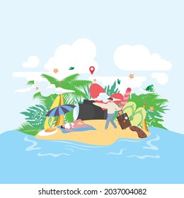 Vector illustration of flat sea beach style summer background. Sunny day. Balls, beach umbrellas and other holiday equipment on the sand beach. Summer vacation concept