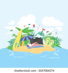 Vektorgrafik von sommerlichem sommerlichem Hintergrund im Stil eines Flachseestrandes. Sonniger Tag. Bälle, Sonnenschirme und andere Ferienausrüstung am Sandstrand. Sommerurlaubskonzept