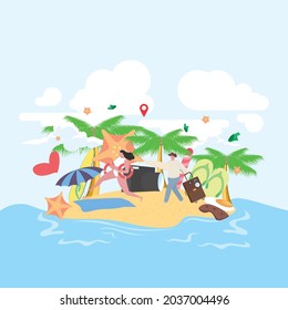Vector illustration of flat sea beach style summer background. Sunny day. Balls, beach umbrellas and other holiday equipment on the sand beach. Summer vacation concept