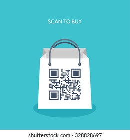 Vector illustration. Flat shopping bag with code. Scan and buy.