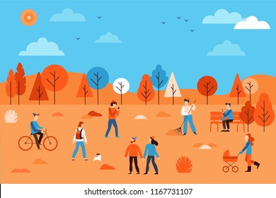 Vector illustration in flat simple linear style -  people walking in the public autumn park - characters enjoying fall - man with mobile phone on the bench, guy riding bicycle, couple holding hands