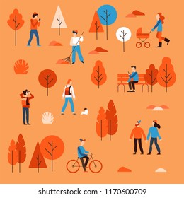 Vector illustration in flat simple linear style -  people walking in the public autumn park - characters enjoying fall - man with mobile phone on the bench, guy riding bicycle, couple holding hands