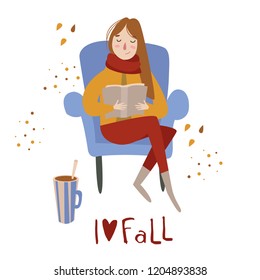 Vector illustration in flat simple linear style, woman enjoys autumn, girl reads book. autumn design template, for card, poster, flyer, web and other users