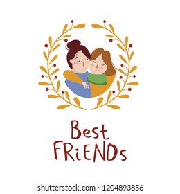 Vector illustration in flat simple linear style, women enjoying autumn, girls, best friends. autumn design template, for card, poster, flyer, web and other users