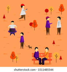 Vector Illustration in flat simple linear style - people walking in the public autumn park - characters enjoying - man with laptop on the bench, guy talking each other.