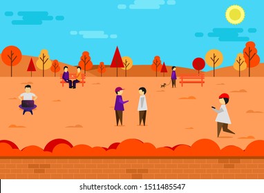 Vector Illustration in flat simple linear style - people walking in the public autumn park - characters enjoying - man with laptop on the bench, guy talking each other.