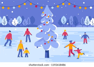 Vector illustration in flat simple style -  Christmas greeting card, banner, poster with people walking and skating outdoors in winter park - happy winter festive season - urban landscape