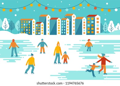 Vector illustration in flat simple style -  Christmas greeting card, banner, poster with people walking and skating outdoors in winter park - happy winter festive season - urban landscape 