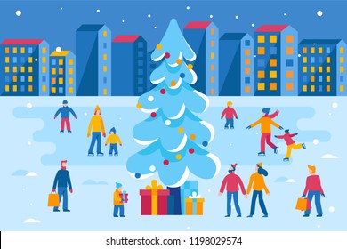 Vector illustration in flat simple style -  Christmas greeting card, banner, poster with people walking and skating outdoors in winter park - happy winter festive season - urban landscape 